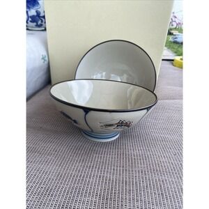 2Japanese Footed Porcelain Rice/Soup Bowls Hand Painted Crabs Shrimp Fish 5" EUC